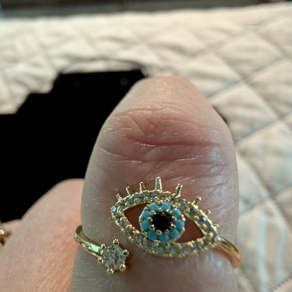 Adjustable Gold Colored Evil Eye Ring W/ Turquoise and Black Accents Wrap Design - Picture 3 of 4